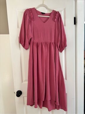 Women Pink Puff-Sleeve Midi Dress with secret nursing zippers